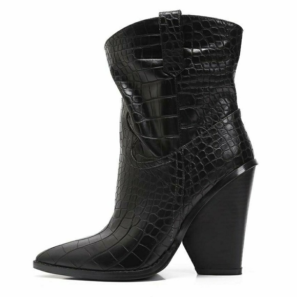 Black Western Faux Leather Cowboy Croc Boots - Picture 5 of 6